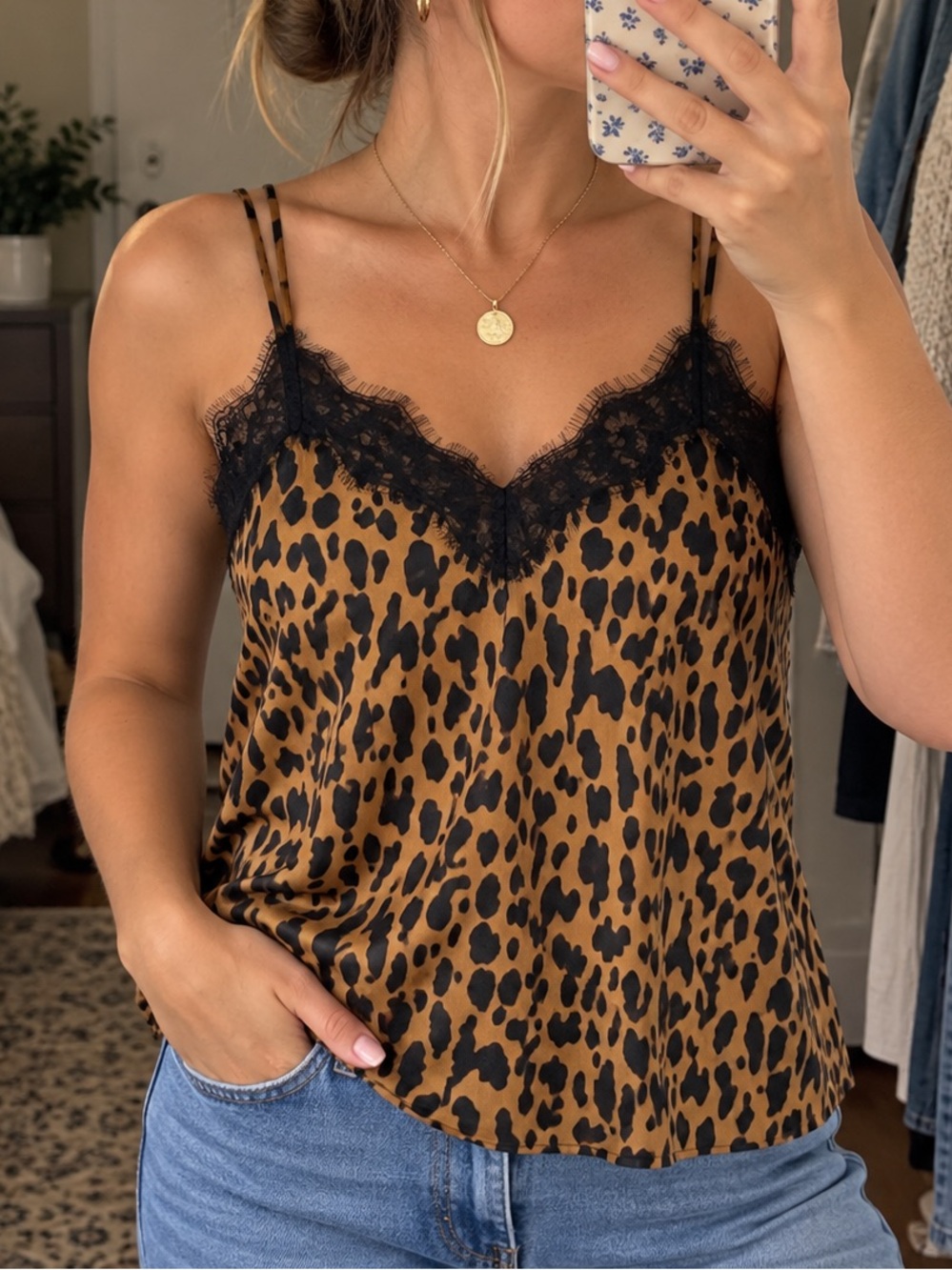 BP Satin Leopard Print Lace Trim Cami XS Brown Black Animal Print NWT